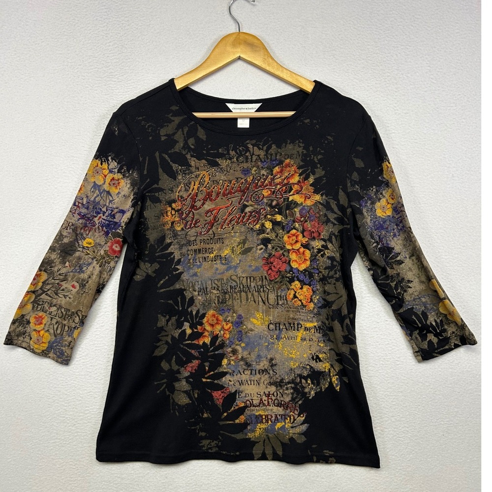 Parisian French Christopher & Banks Womens Size M Black Floral 3/4 Sleeve Top